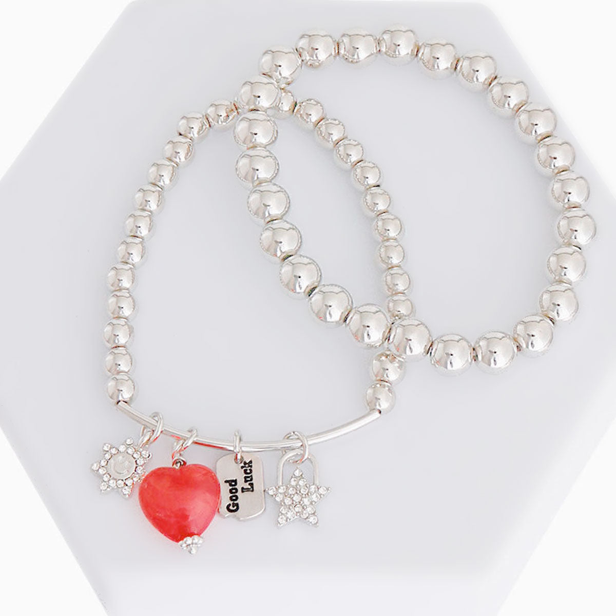 Charm Bracelets 2 Pcs Silver Bead Heart Stylish Trendy Accessories