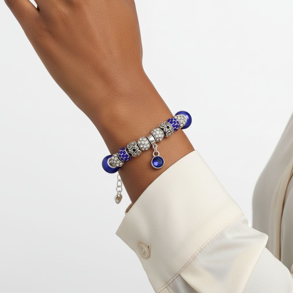 Women's Silver Snake Chain Bracelet with Blue Charm Stylish Jewelry Accessory