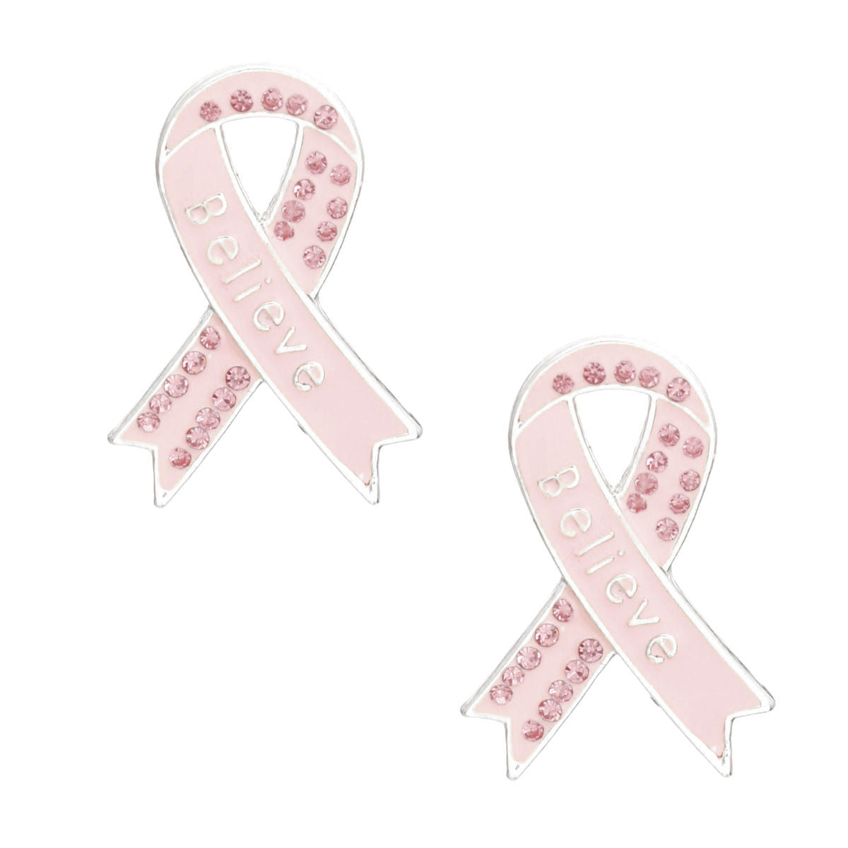 Silver Stud Earrings with Light Pink Ribbon Believe Detail – Stylish Fashion Jewelry