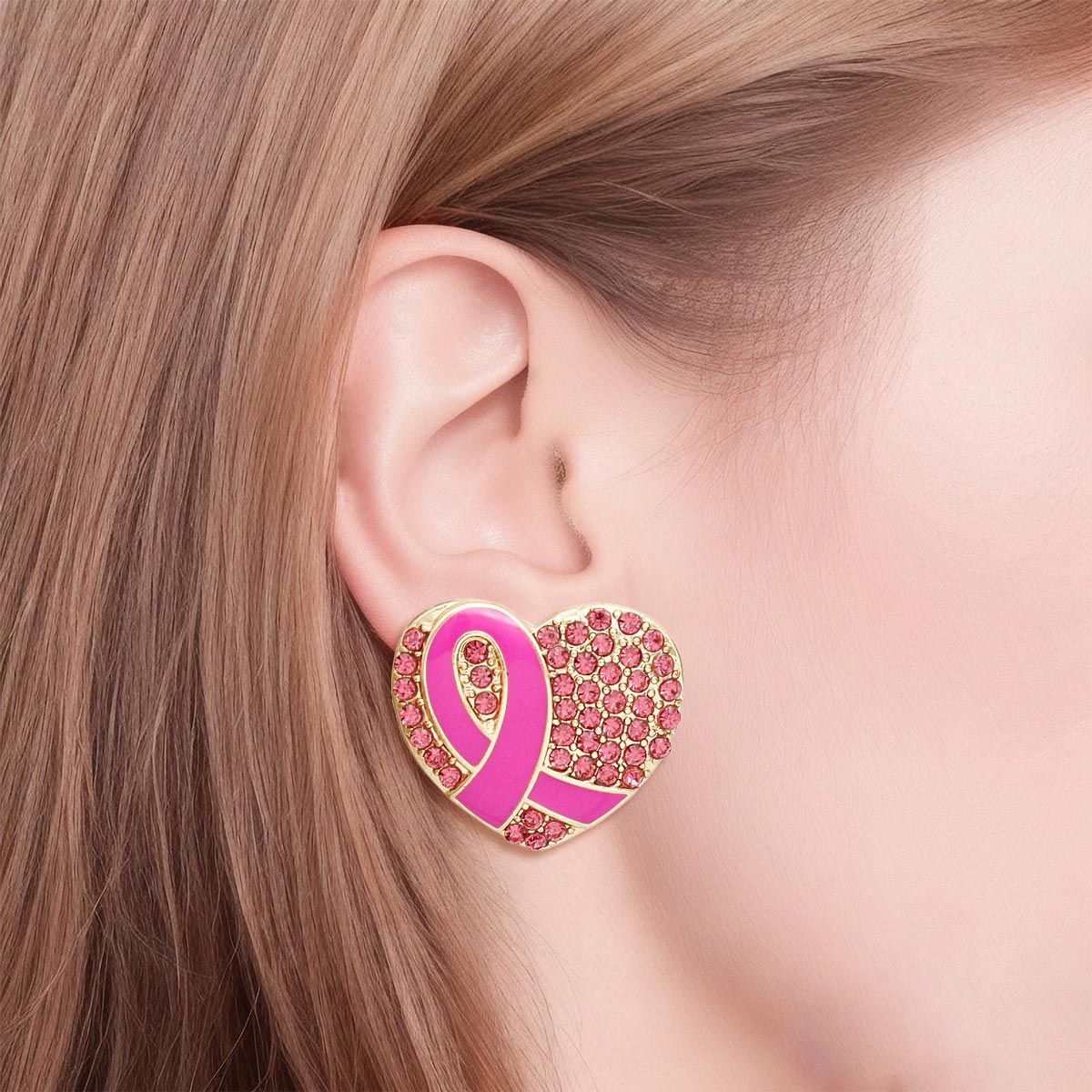 Gold Heart Pink Stone Cancer Ribbon Stud Earrings Stylish Fashion Jewelry