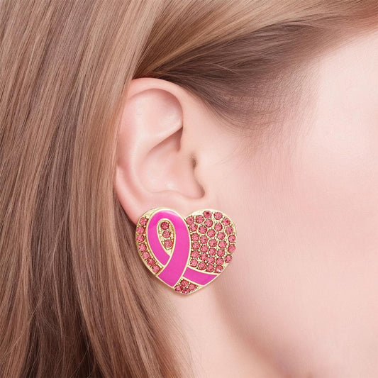 Gold Heart Pink Stone Cancer Ribbon Stud Earrings Stylish Fashion Jewelry