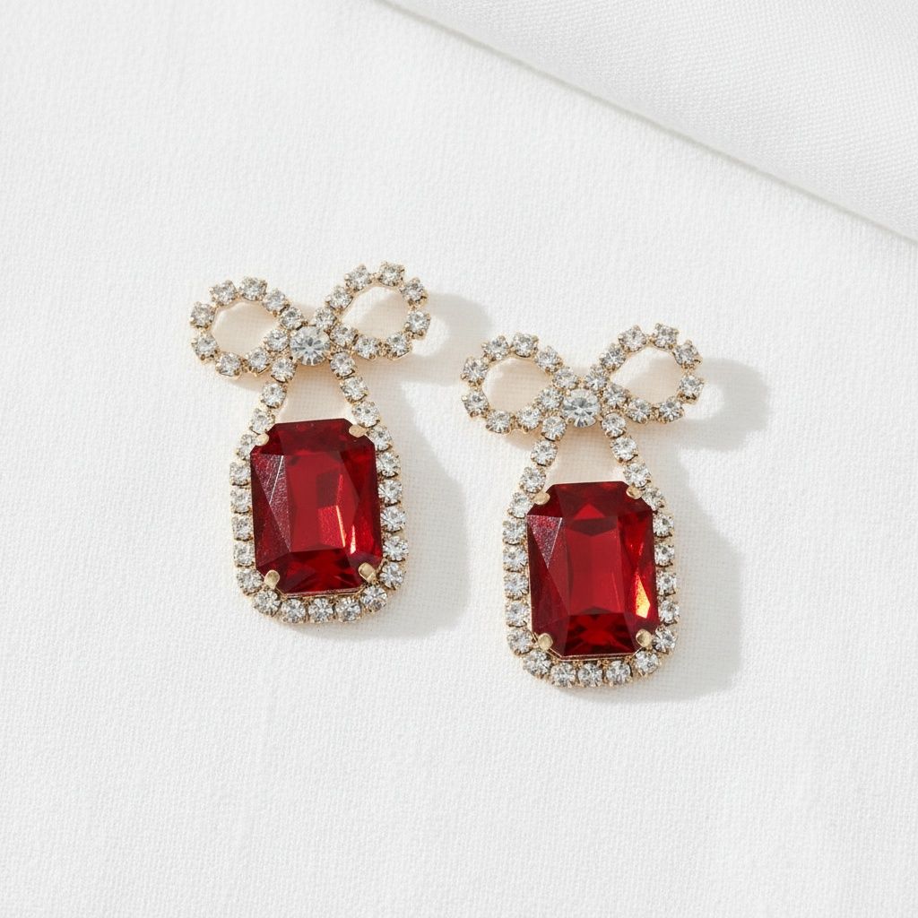 Bow Dangle Earrings Red Crystal Sparkle Date Night Statement Jewelry