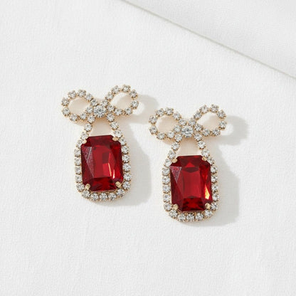 Bow Dangle Earrings Red Crystal Sparkle Date Night Statement Jewelry