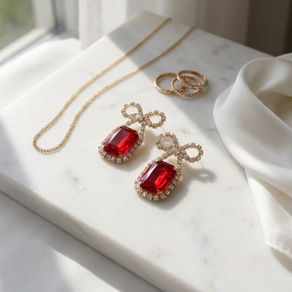 Bow Dangle Earrings Red Crystal Sparkle Date Night Statement Jewelry