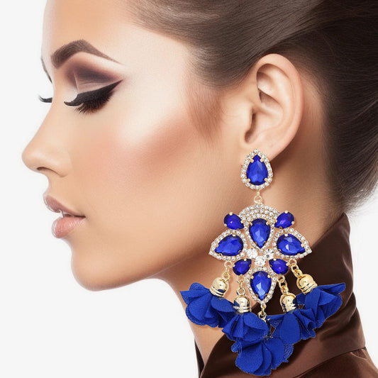 Statement Tassel Earrings with Royal Blue Crystal Petal Dangles, Trendy Chic Jewelry