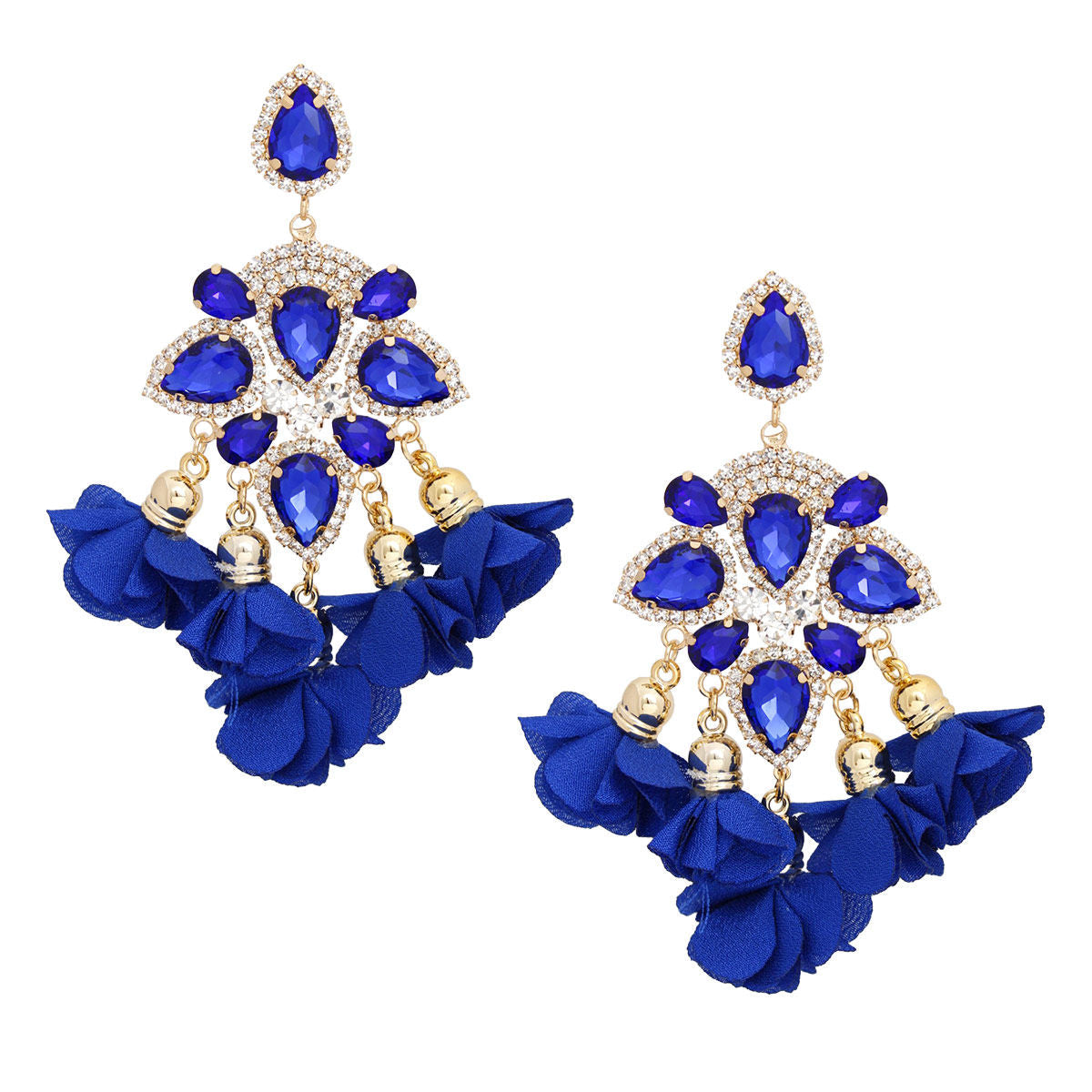 Statement Tassel Earrings with Royal Blue Crystal Petal Dangles, Trendy Chic Jewelry