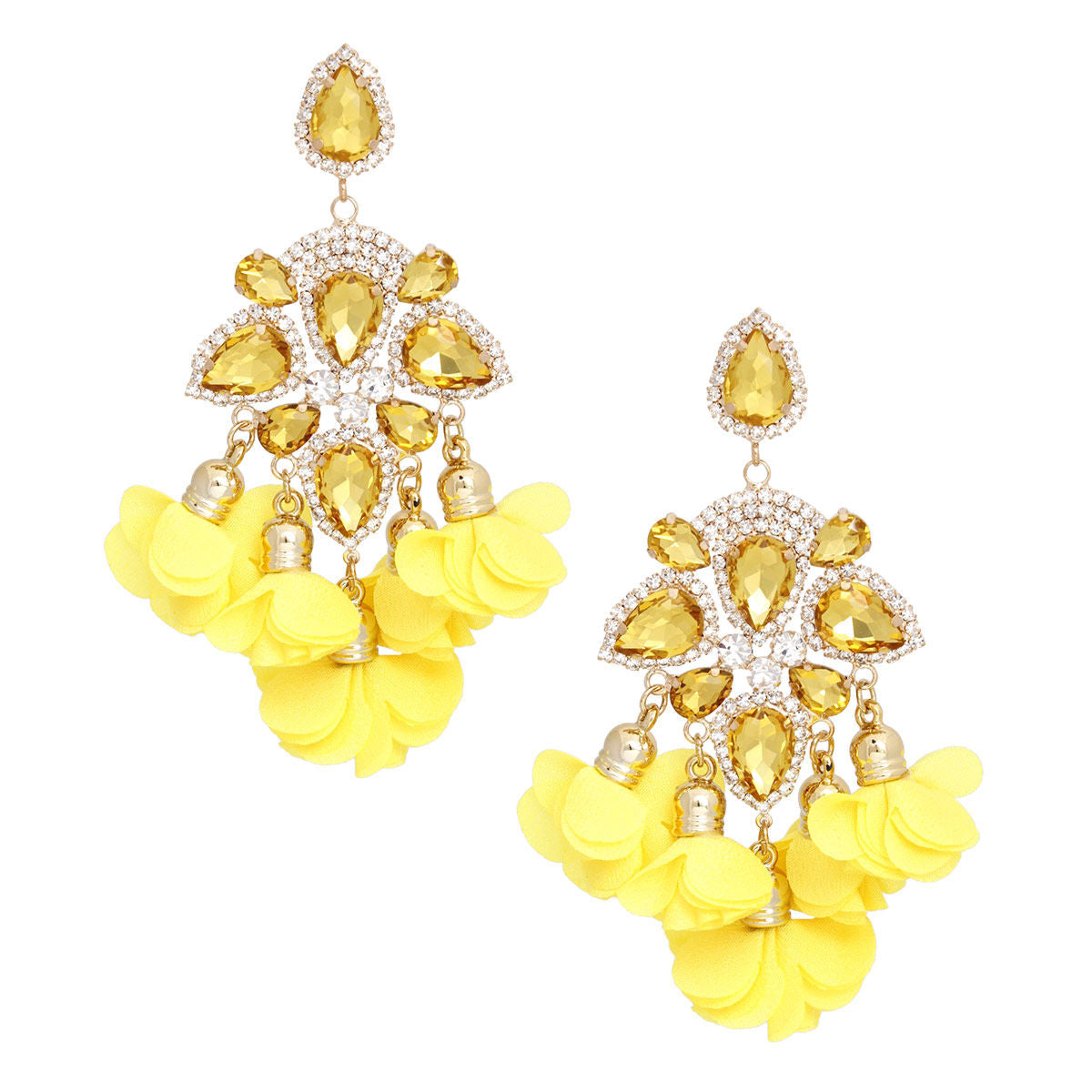 Yellow Crystal Petal Tassel Dangle Earrings Women’s Stylish Statement Jewelry