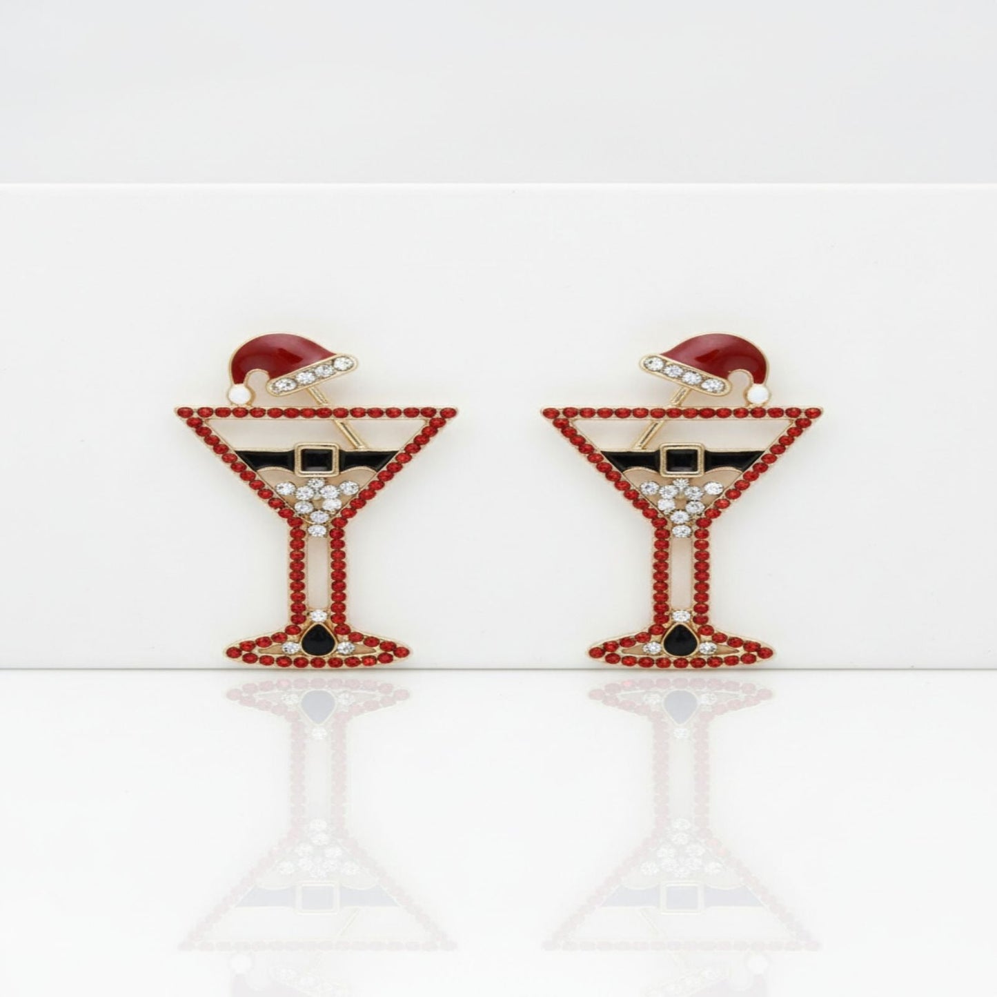 Stud Earrings Gold Tipsy Santa Red Martini Christmas Statement Jewelry