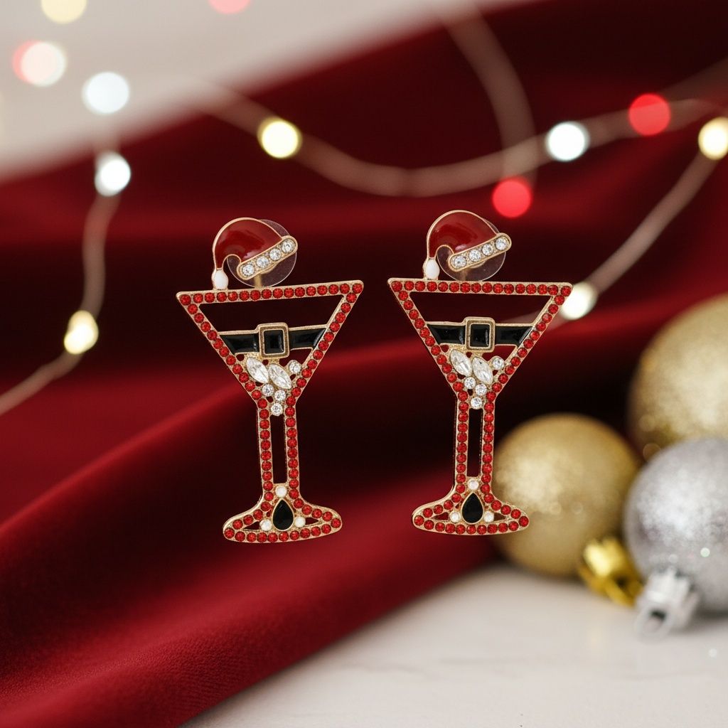 Stud Earrings Gold Tipsy Santa Red Martini Christmas Statement Jewelry