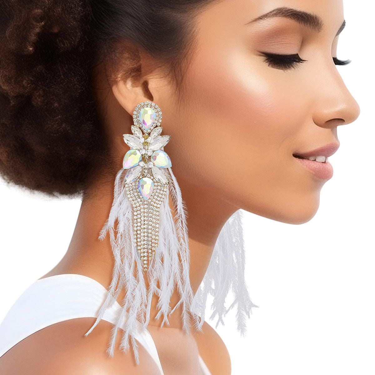 Women’s Glass Earrings with White Feather Tassel – Stylish Statement Jewelry