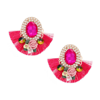 Statement Fuchsia Crystal Fan Tassel Floral Stud Earrings Stylish Chic Jewelry