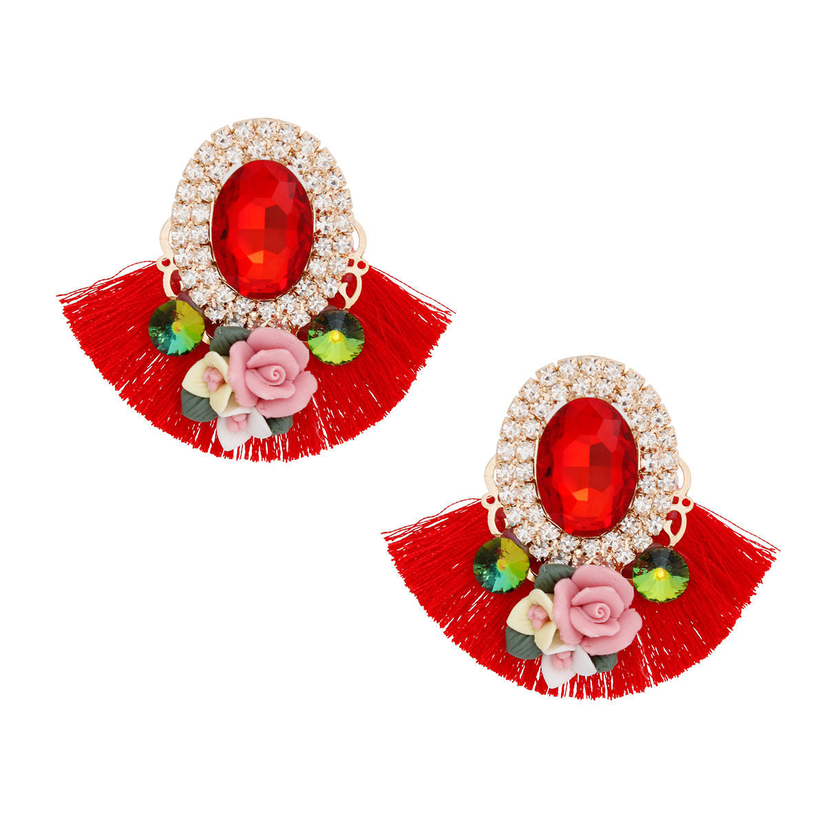 Fashion Earrings Red Crystal Fan Tassel Floral Studs Stylish Statement Jewelry