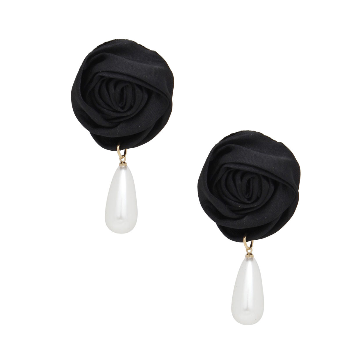 Teardrop Stud Earrings Black Rose with White Pearl Elegant Statement Jewelry