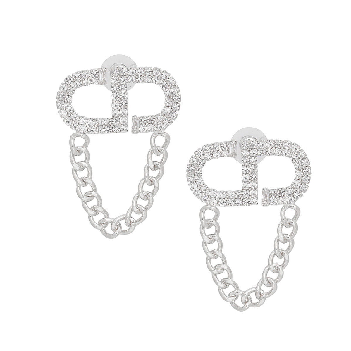 Women’s Silver Pave CD Draped Chain Stud Earrings Stylish Statement Jewelry