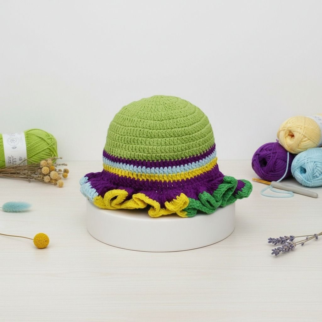 Women’s Crochet Bucket Hat Multicolor Ruffle Mardi Gras Stylish Accessory