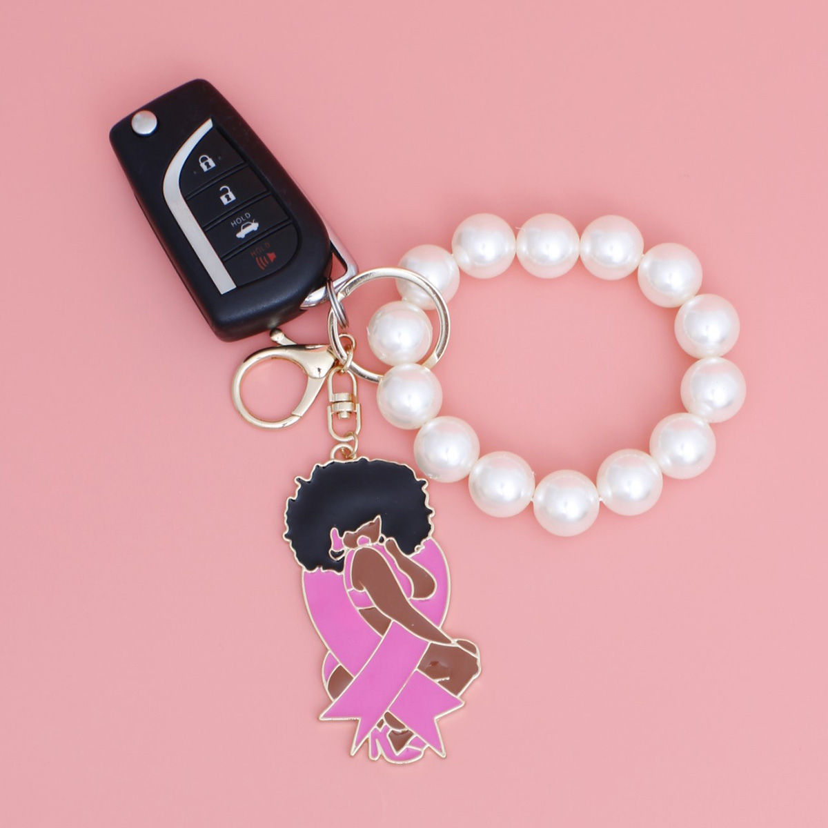 Pearl Wristlet Keychain with Gold Pink Ribbon Accent – Stylish Fashion Accessory