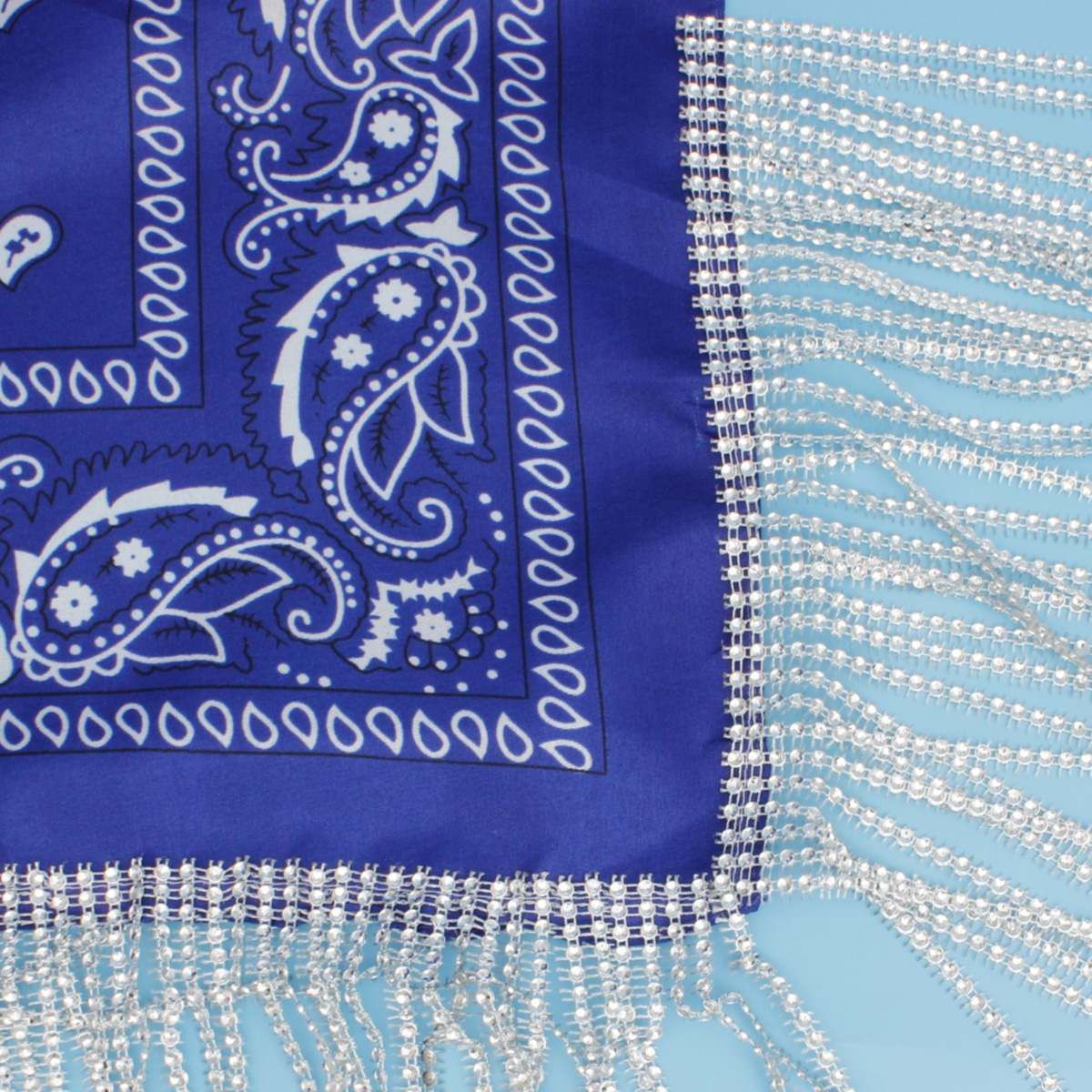 Statement Necklace Blue and White Bandana Bling Fringe Trendy Accessory