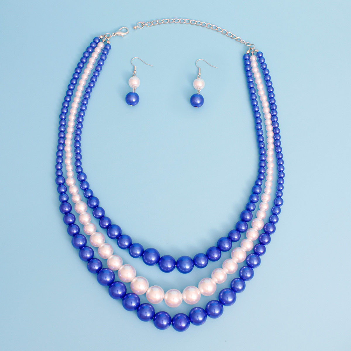 Statement Pearl Necklace 3 Strand Blue and White for Women