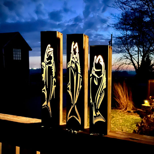 Gone Fishing Pillar Luminary w/ Solar Cap | Saltwater Pack