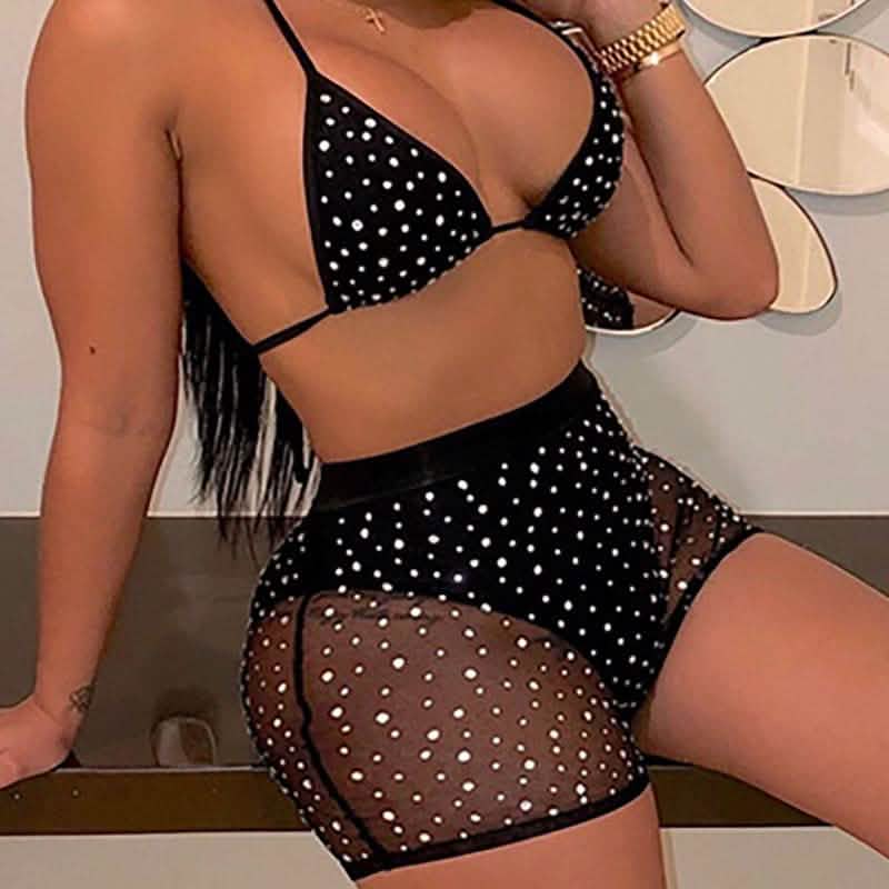 Halter See Through Sequins Mesh Bra &amp; Shorts
