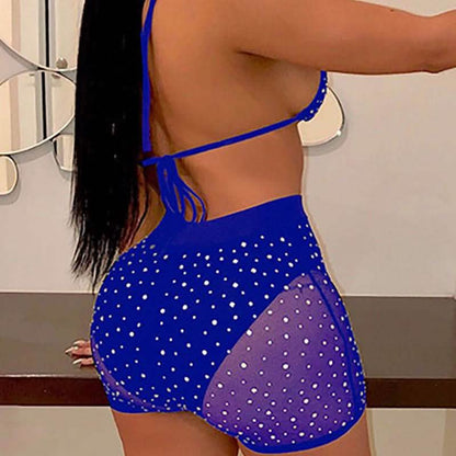 Halter See Through Sequins Mesh Bra &amp; Shorts