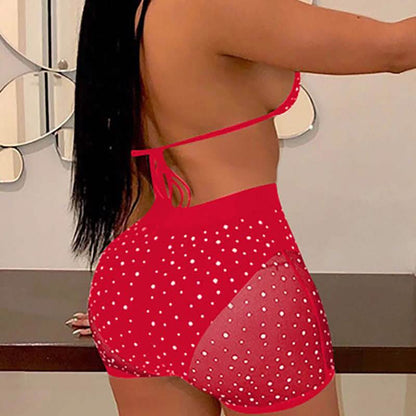 Halter See Through Sequins Mesh Bra &amp; Shorts