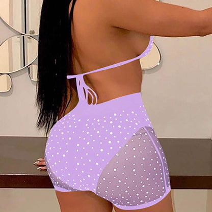 Halter See Through Sequins Mesh Bra &amp; Shorts