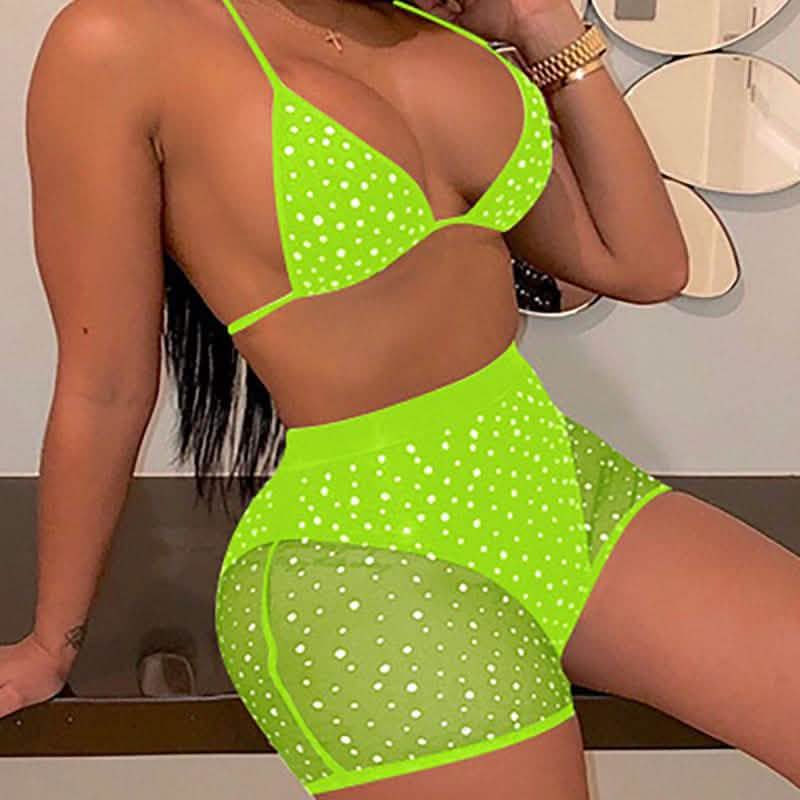 Halter See Through Sequins Mesh Bra &amp; Shorts