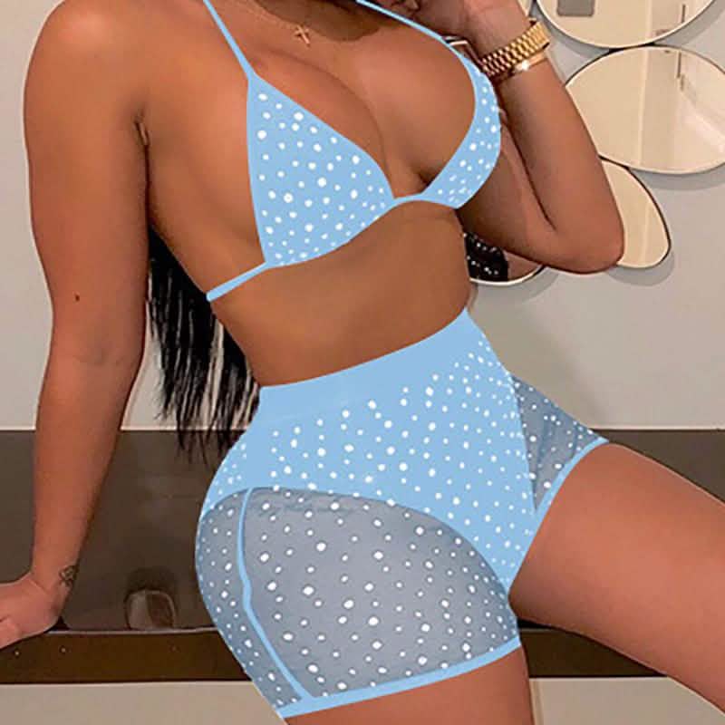 Halter See Through Sequins Mesh Bra &amp; Shorts