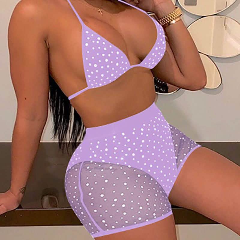 Halter See Through Sequins Mesh Bra &amp; Shorts