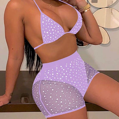 Halter See Through Sequins Mesh Bra &amp; Shorts