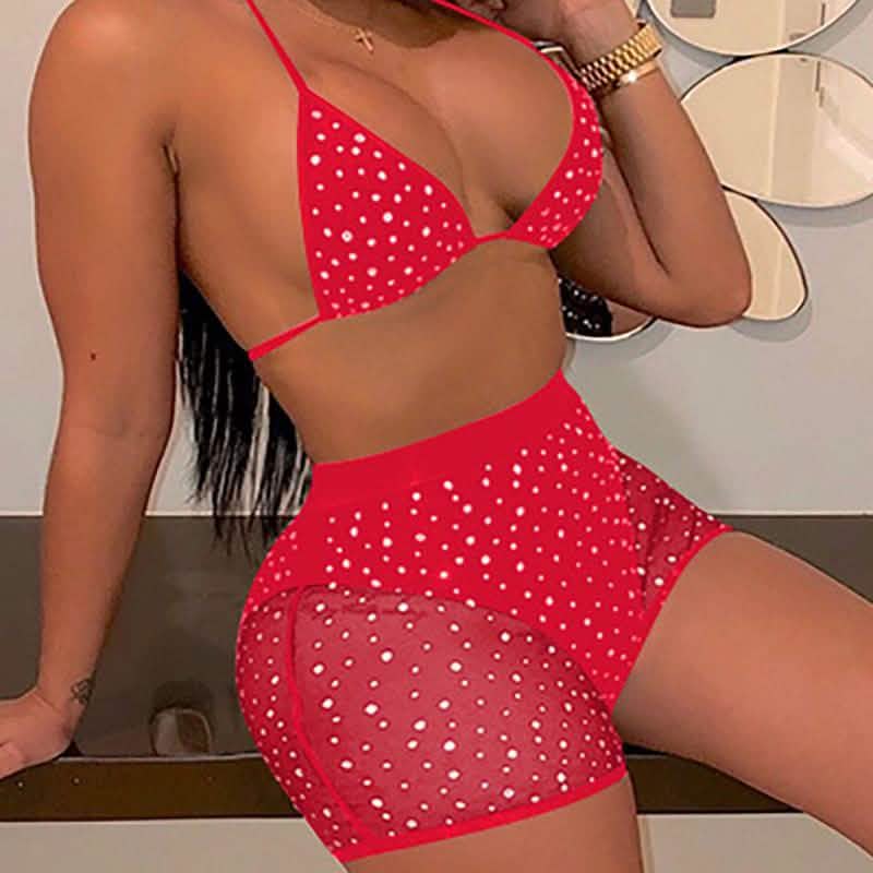 Halter See Through Sequins Mesh Bra &amp; Shorts