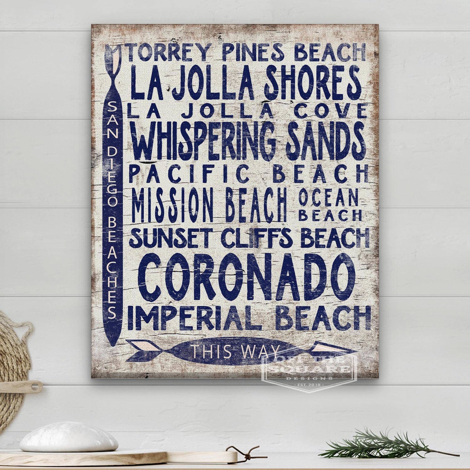 San Diego Beaches Sign - Vintage Wood Look Arrow