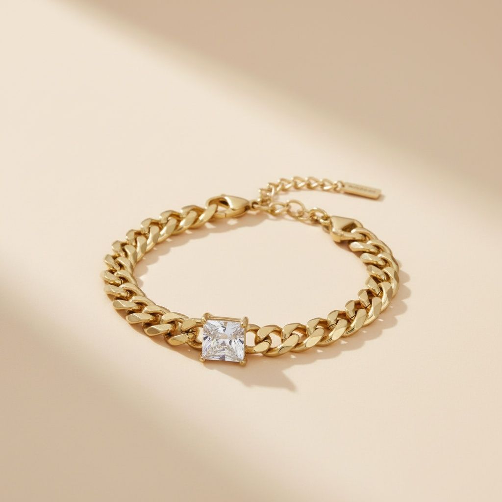 Cuban Chain Bracelet 18K Gold Steel with Princess CZ – Stylish Statement Jewelry
