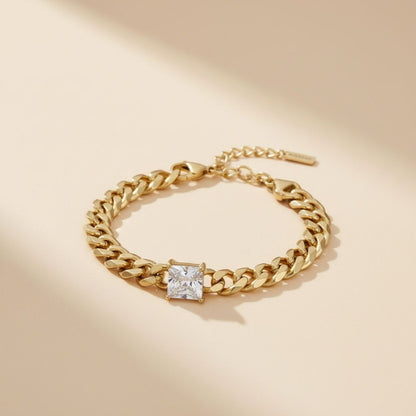 Cuban Chain Bracelet 18K Gold Steel with Princess CZ – Stylish Statement Jewelry