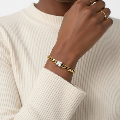 Cuban Chain Bracelet 18K Gold Steel with Princess CZ – Stylish Statement Jewelry