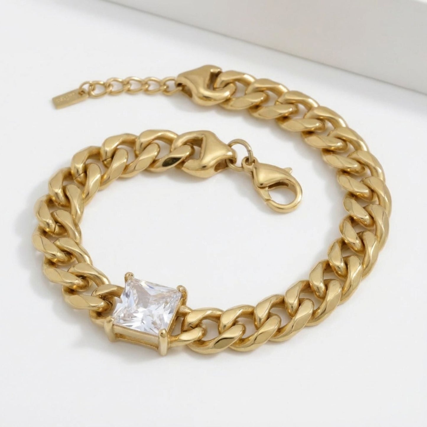 Cuban Chain Bracelet 18K Gold Steel with Princess CZ – Stylish Statement Jewelry