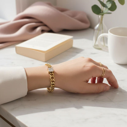 Cuban Chain Bracelet 18K Gold Steel with Princess CZ – Stylish Statement Jewelry