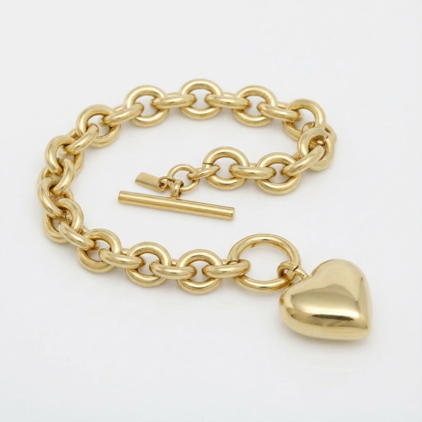 Toggle Heart Rolo Chain Bracelet 18K Gold Steel Stylish Chic Jewelry