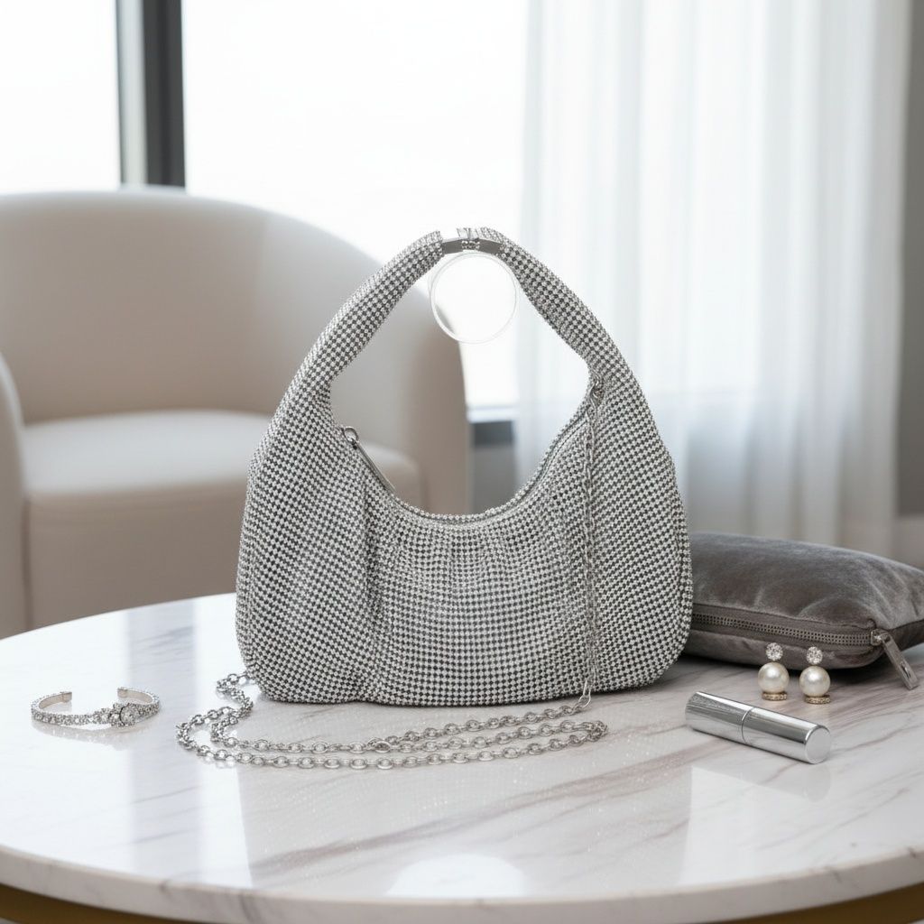 Hobo Bag Clutch with Silver Rhinestone Mesh – Stylish Statement Accessory