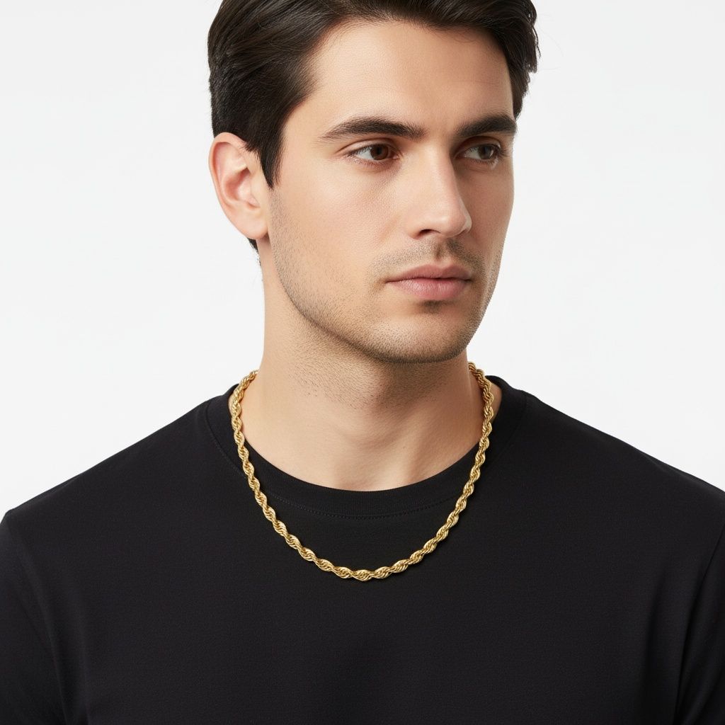 Men’s 20in 8mm 18K Gold Stainless Steel Rope Chain Stylish Jewelry Necklace