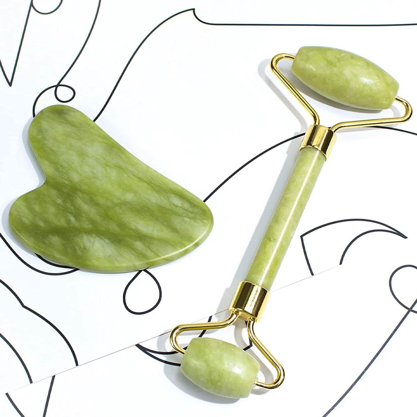 Jade Roller &amp; Gua Sha Set Facial Beauty Tools Face Roller Skin Massager