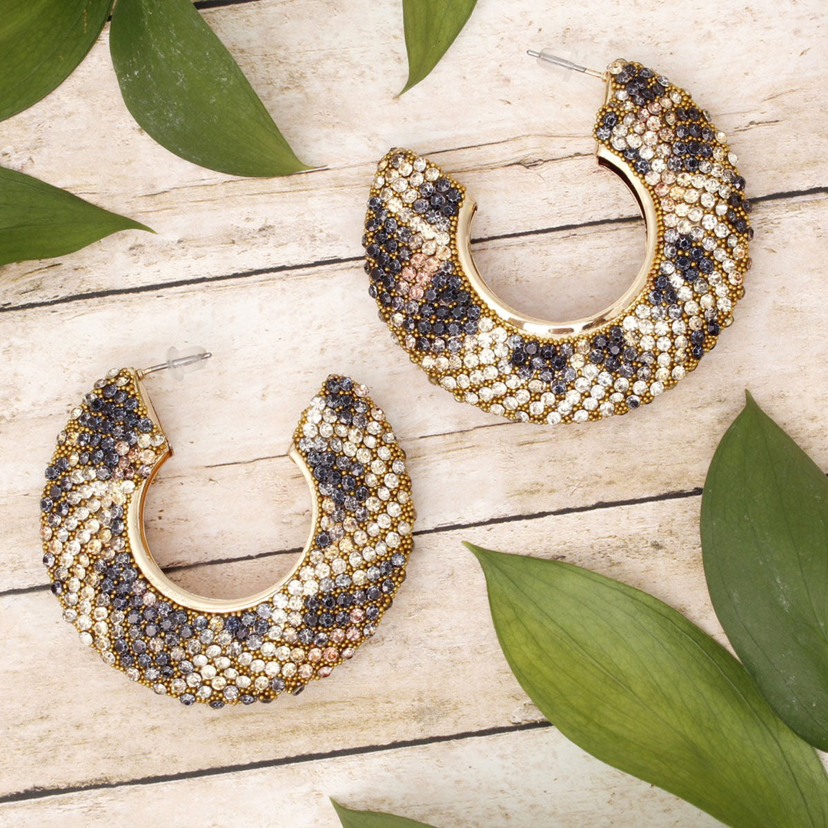 Statement Hoop Earrings with Leopard Pave Rhinestone Embellishment, Trendy Chic Jewelry