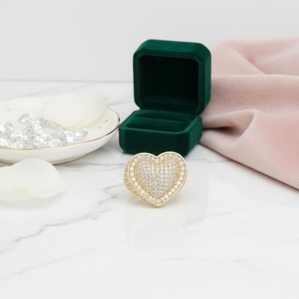 Fashion Ring Size 8 Brass Cocktail Ring with CZ Enclosed Heart Design Stylish Chic Jewelry