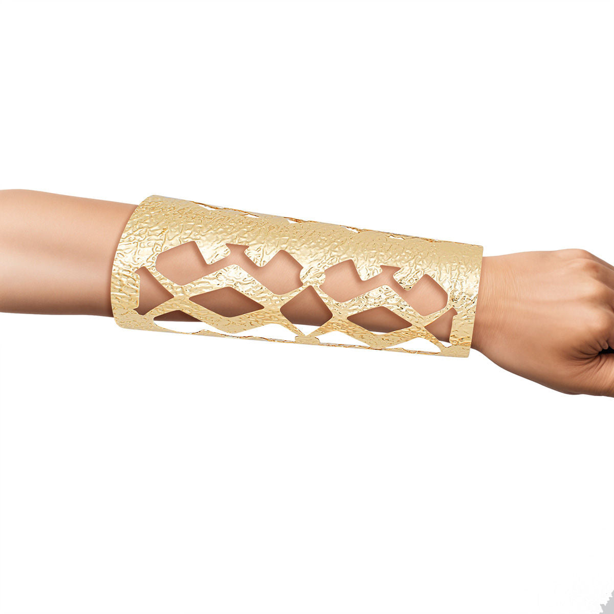 Long Gold Textured Cuff Bracelet with Cutout Armor Design – Stylish Statement Jewelry