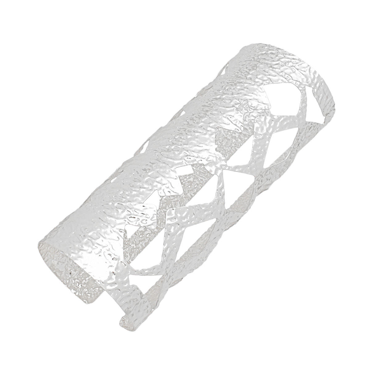 Long Silver Textured Cuff Bracelet with Cutout Armor Design – Stylish Statement Jewelry