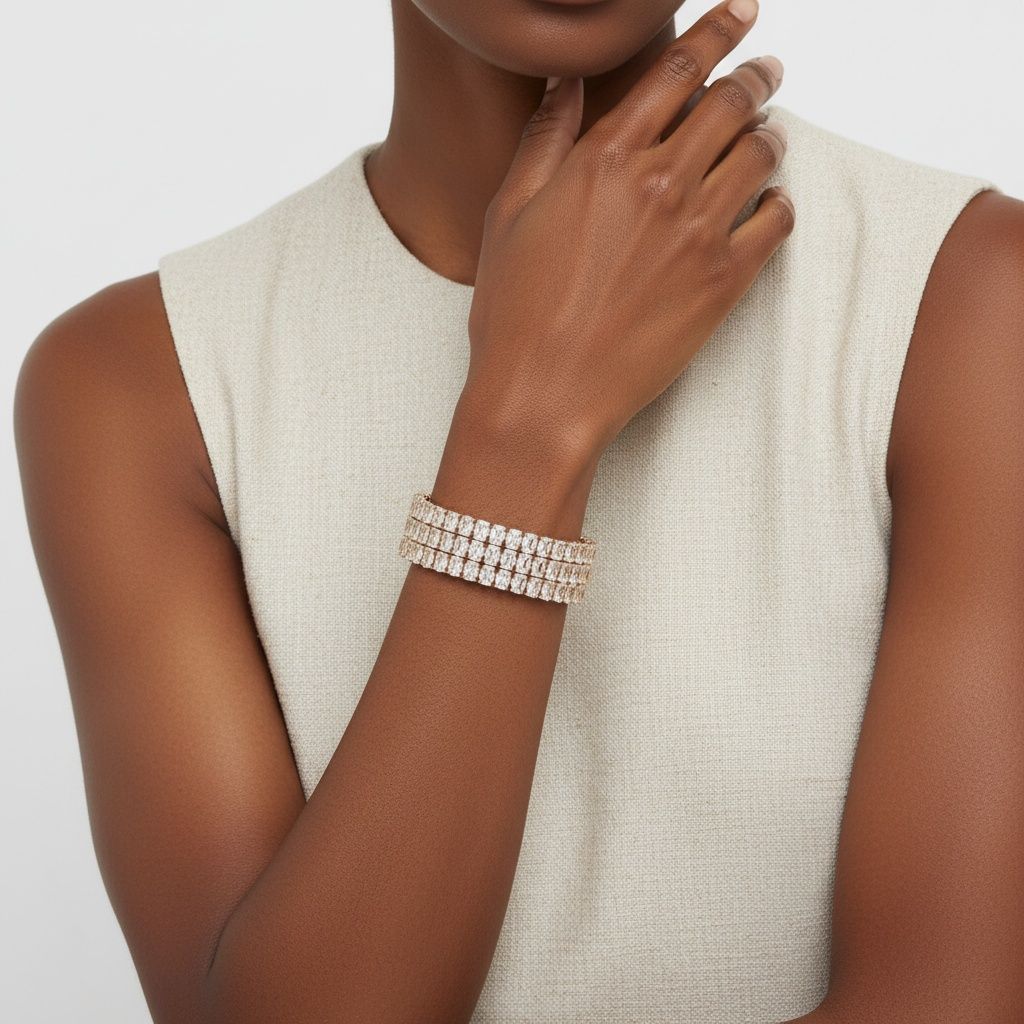 Memory Wire Bracelet Gold Cuff Baguette CZ 3 Row Stylish Jewelry