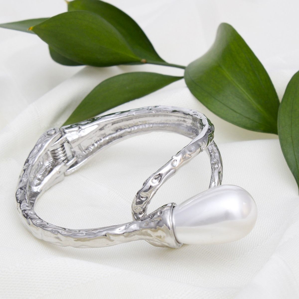 Silver Hinge Cuff Bracelet with White Pearl Teardrop – Stylish Statement Jewelry