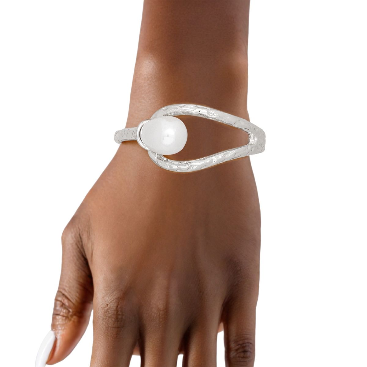 Silver Hinge Cuff Bracelet with White Pearl Teardrop – Stylish Statement Jewelry