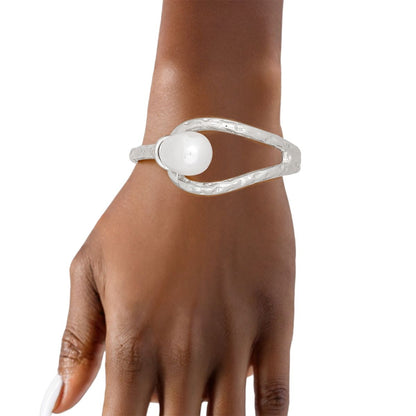 Silver Hinge Cuff Bracelet with White Pearl Teardrop – Stylish Statement Jewelry
